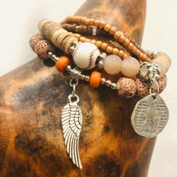 Stackable Beaded Charm Bracelets – Neutral Earth Tones, Set of 5 - Picture 2 of 5